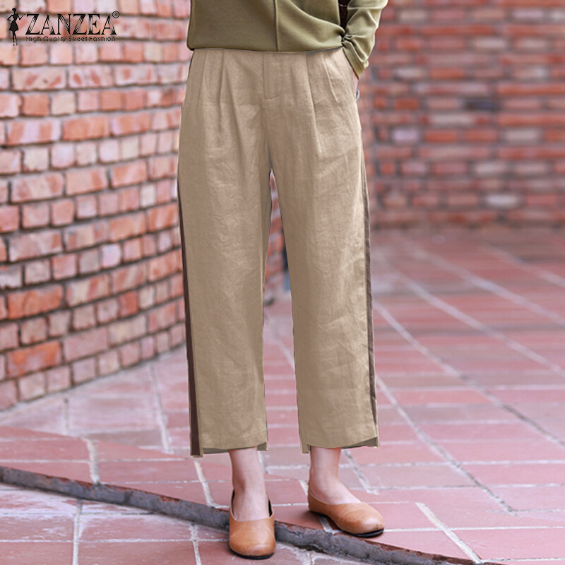 ZANZEA Women Vintage Causal Cotton Linen Irregular Trousers Back Elastic Waist Harem Loose Pants #8