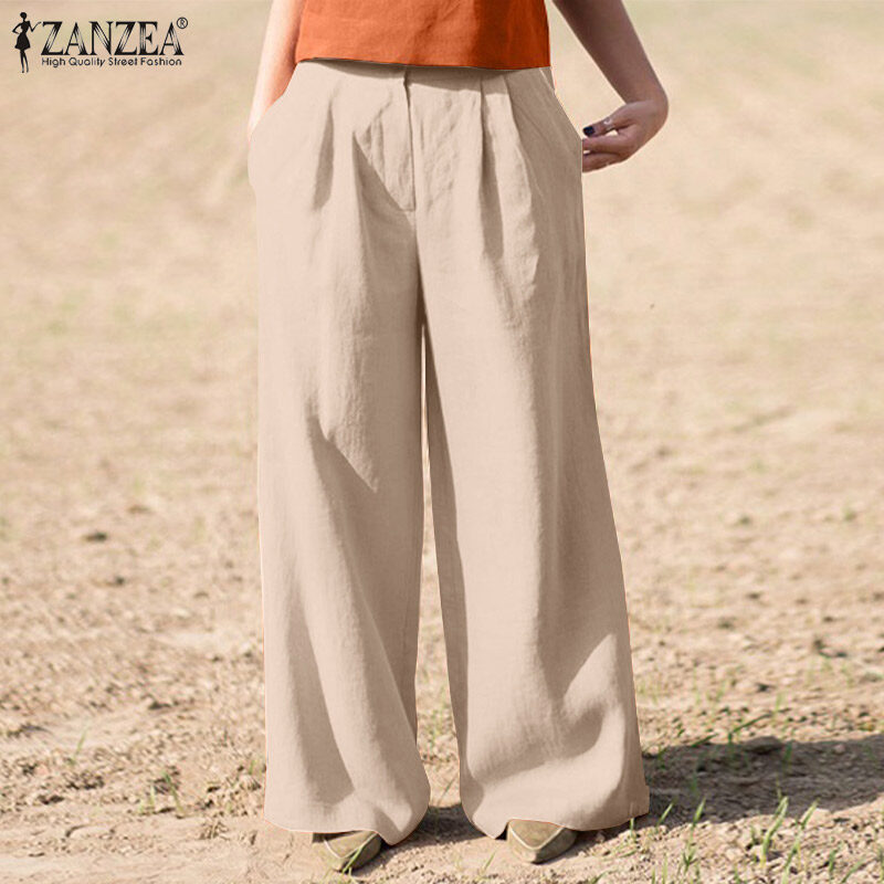 ZANZEA Women Commute Vintage Casual Pants Versatile Cotton Linen Solid Loose Wide Leg Trousers #15