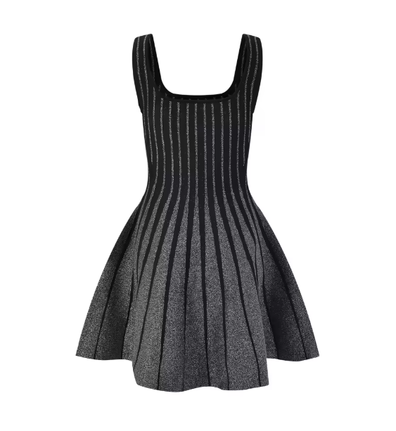 2024 Autumn Vintage Style High Quality Lady Sleeveless O-neckline Women Mini Short Knitted A-line Striped Dress