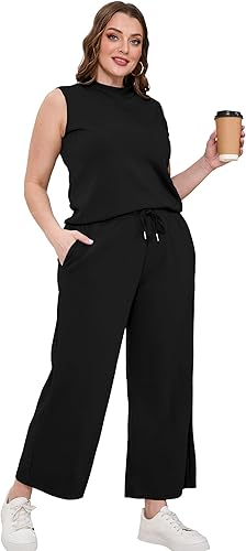 SAMPEEL Two Piece Sets for Women Summer Outfits Lounge Sets Mock Neck Tops Wide Leg Crop Pants Vacation Travel Outfits