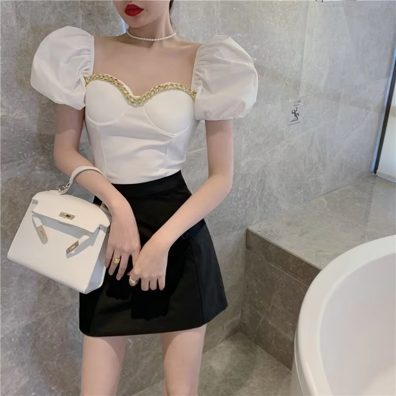 Belly Button Shirt Chic Chain Off Shoulder Expose Clavicle Tank Top Summer Puff Sleeve Crop Tops Women Elegant Sexy Slim Blouses