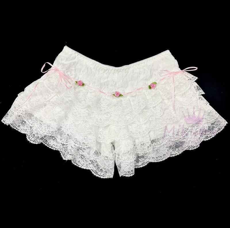 Harajuku Women Kawaii Lace Shorts Lolita Cute Flower Bowknot Ruffles Safety Shorts Pants Vintage Victorian Bloomers