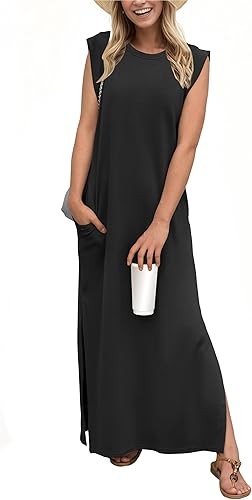 GRECERELLE 2025 Women Summer Round Neck Casual Loose Split Wrinkle-Free Long Maxi Beach Dress with Pockets (XS-3XL)