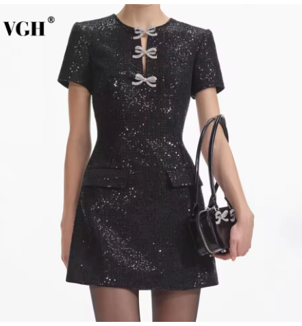 VGH Solid Temperament Spliced Bowknot Dresses For Women Round Neck Short Sleeve High Waist Party Sequin Mini Dress Female Style