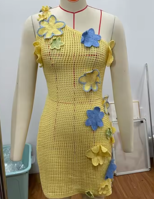 Colorful Flowers Embroidery Crochet Knitted Mini Dress Women Hollow Out Strap Backless Sleeveless Dresses Street Vacation Party