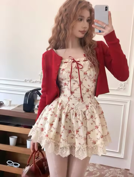 2025 New Sweet Floral Dress Set Woman Casual Red Short Cardigan Elegant Lace Y2k Mini Dress Beach Korean Fashion Clothing Suit