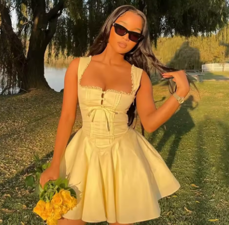 Suninheart Summer Lovely Cute Mini Dress Black Hollow Out Sexy Party Dresses Lace Up Elegant Holiday Dress Women 2024 New In