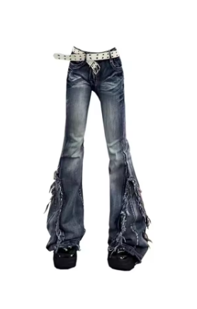 American Retro Y2K Flare Jeans Scratched Slim Bell Bottoms Women Fashion Gyaru Denim Pant Raw Edge Trousers Hip Hop High Street