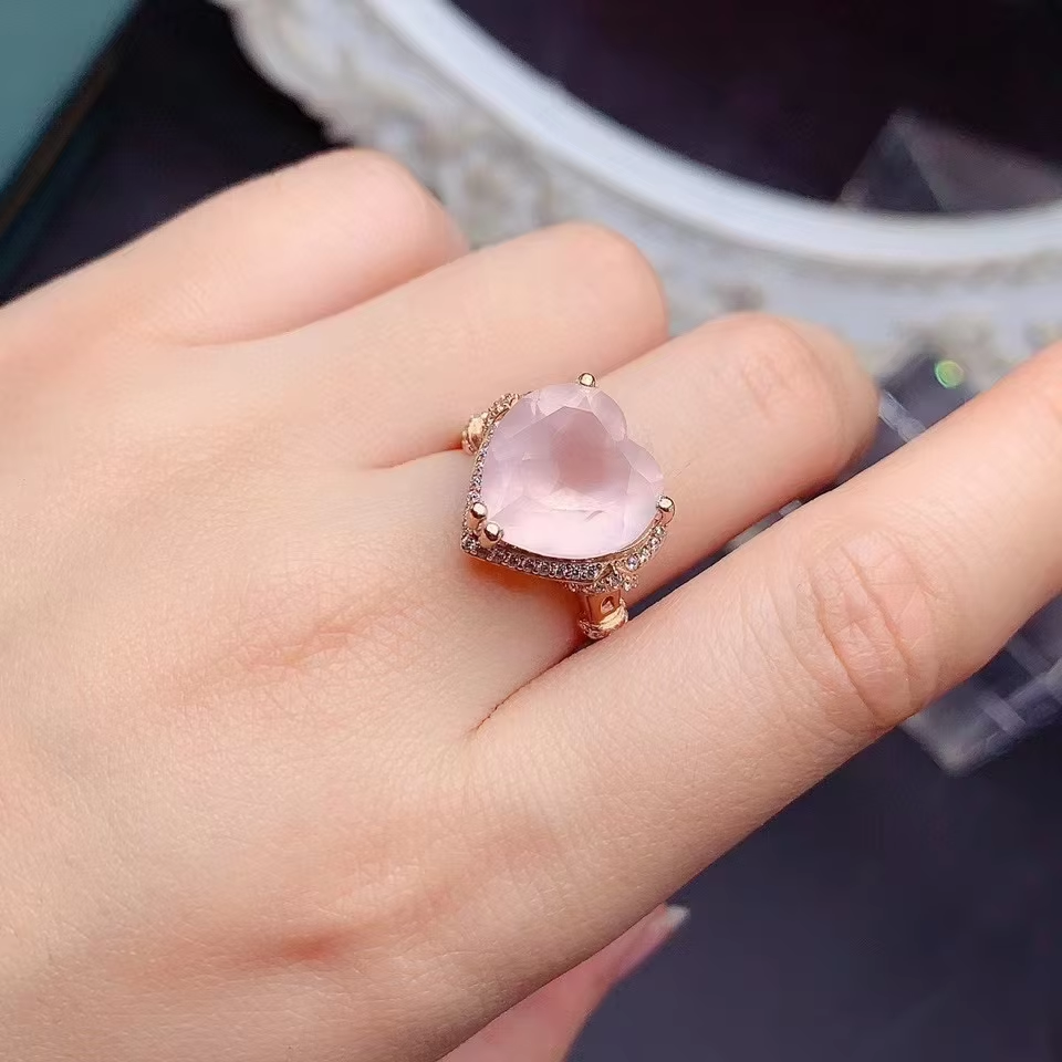 Heart Shape Natural Rose Quartz Ring for Wedding 8ct Pink Quartz Silve Ring Classic 925 Silver Gem Jewelry with Gold Plated