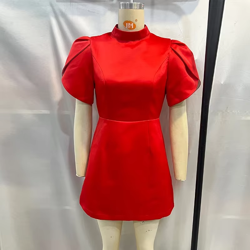 Elegant Bow Hallow Out Mini Dress Women Red O-neck Short Sleeve High Waist A-line Dresses Female 2025 Fashion Party Evening Robe