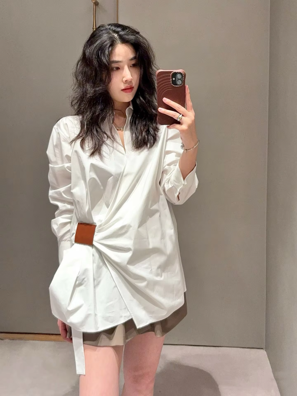 Women Shirt Spring Summer Solid Turn-down Collar Folds Lace-up Mid-length Blouse Office Lady Trendy Basics Loose Female Clothes