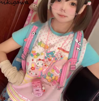 Y2k Woman T Shirts Crop Tops Women's Clothing O-neck Short Sleeve Tees Ropa Mujer Anime Print Fashion Tshirt Japanese Camisetas