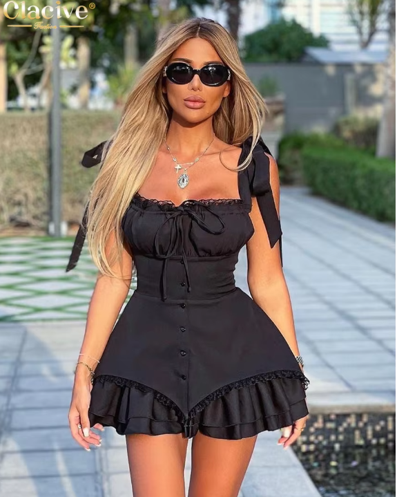 Clacive Fashion Slim Black Women's Dress 2024 Summer Strap Sleeveless Mini Dress Elegant High Waist Pleated Party Dresses Female