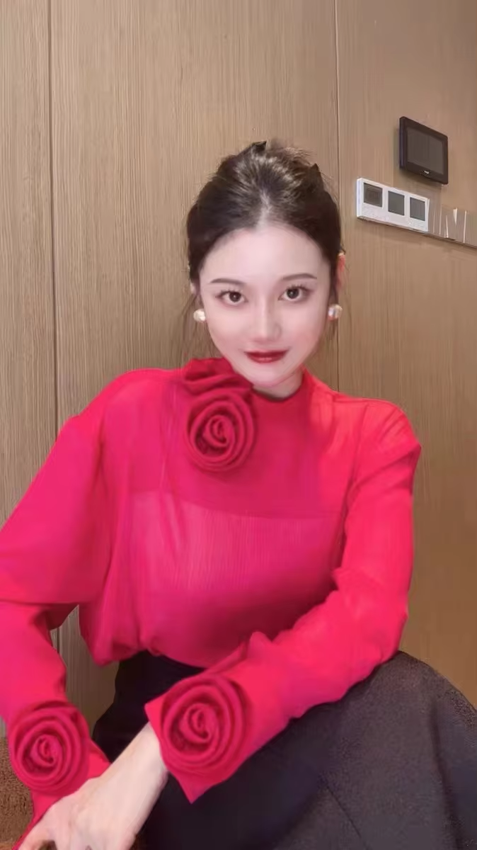 Spring Summer 2024 New Top For Women Two Pieces Design Three-dimensional Flowers Transparent Thin Chiffon Shirt Long Sleeve 4390