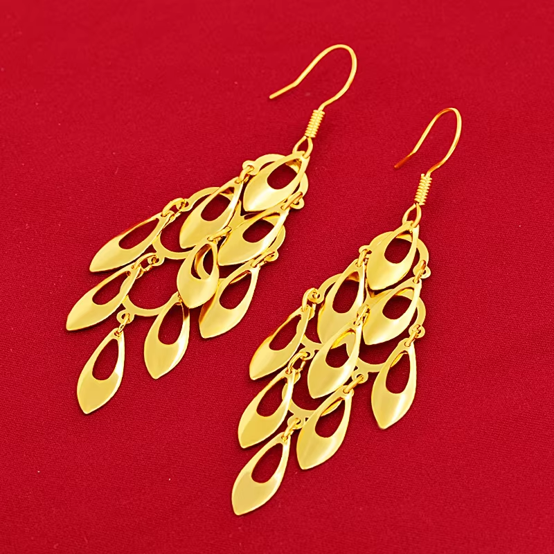 14 K Gold Color Earrings for Women High Quality Woman Fashion Earrings Retro Long Tassel Hollow Earrings