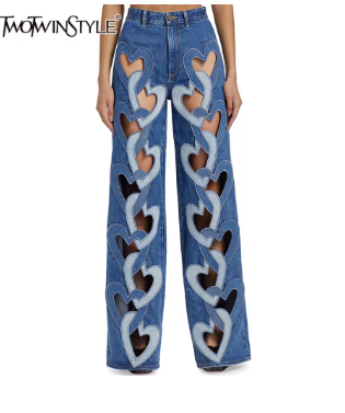 TWOTWINSTYLE Streetwear Patchwork Button Denim Pants For Women High Waist Loose Hollow Out Designer Jeans Female Fashion Style