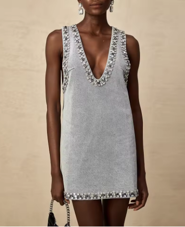 TWOTWINSTYLE Solid Spliced Diamonds Denim Dress For Women V Neck Sleeveless Pullover High Street Minimalist Mini Dress Female