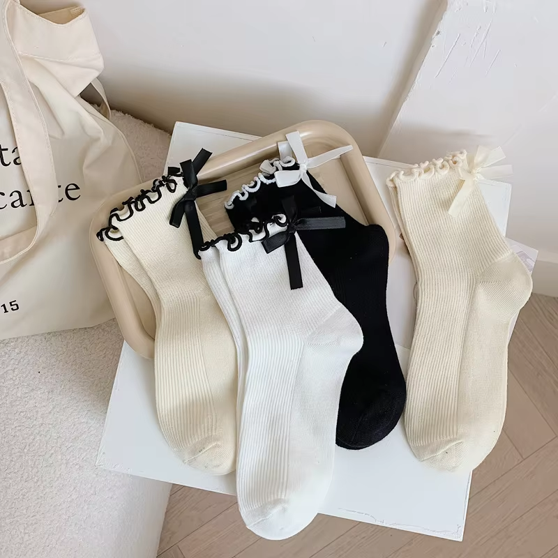 Japanese JK Sweet Bowknot Tied Middle Tube Socks Women Heel Bow Casual Black White Pile Socks Girls Sports Cotton Socks
