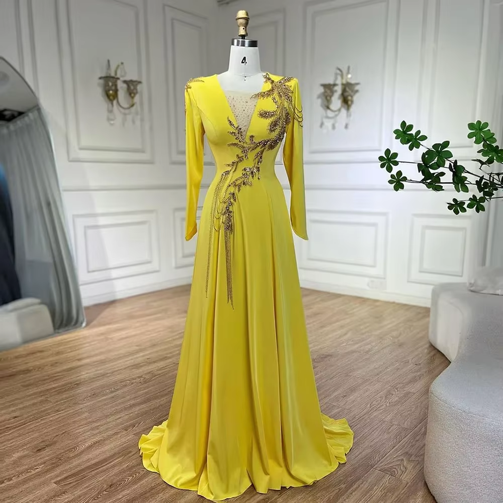 Customized Luxury Dubai Arabic Yellow Mermaid Elegant Tassel Beaded Evening Dresses Gowns For Women Wedding Party 2025 BLA72555