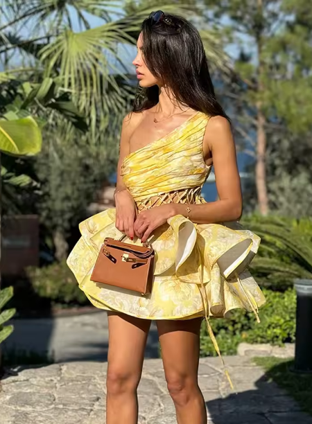 Sexy Skew-collar Print Dress Women Sleeveless Hollow Out Bandage Female Mini Party Dresses 2025 Summer Lady Beach Vestdios